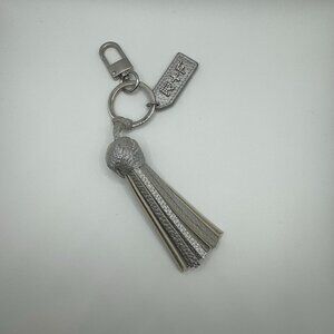 R+F Rodan and Fields Keychain Bag Charm Key Fob Silver Grey Leather Tassel